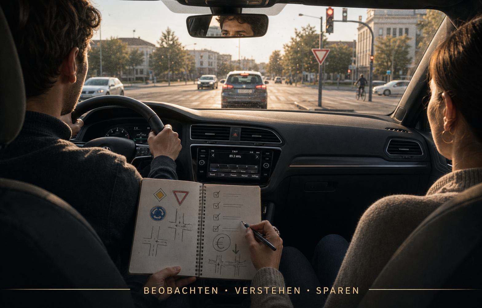 Eine Fahrschülerin beobachtet als Beifahrerin den Straßenverkehr und hält handschriftlich Verkehrszeichen, Vorfahrt und mögliche Kostenersparnis fest